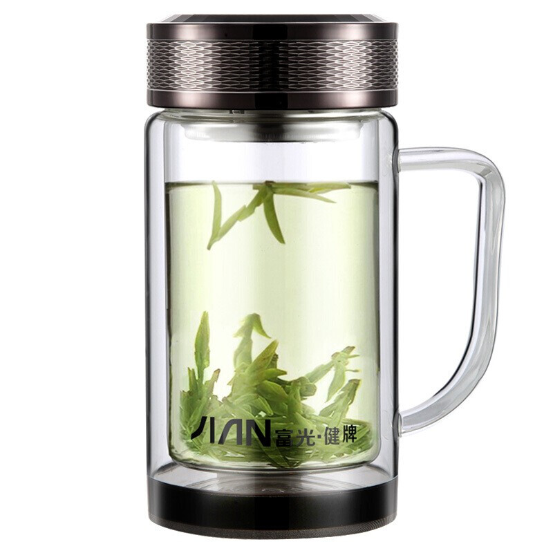 【特价】富光 馈赠好礼 时尚商务玻璃杯 双层带把手厚底办公玻璃水杯 带茶隔透明水杯子 茶色 320ml